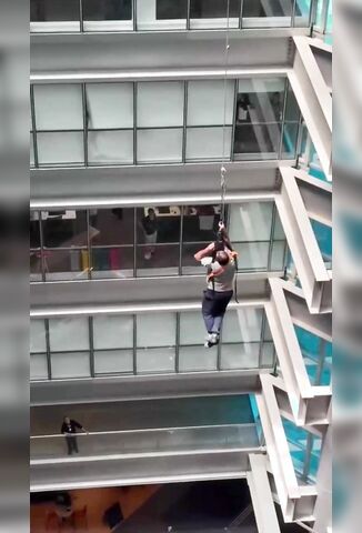 Fat Window Cleaner Fell Through Glass Ceiling Hung On The Harness Then Slipped Out